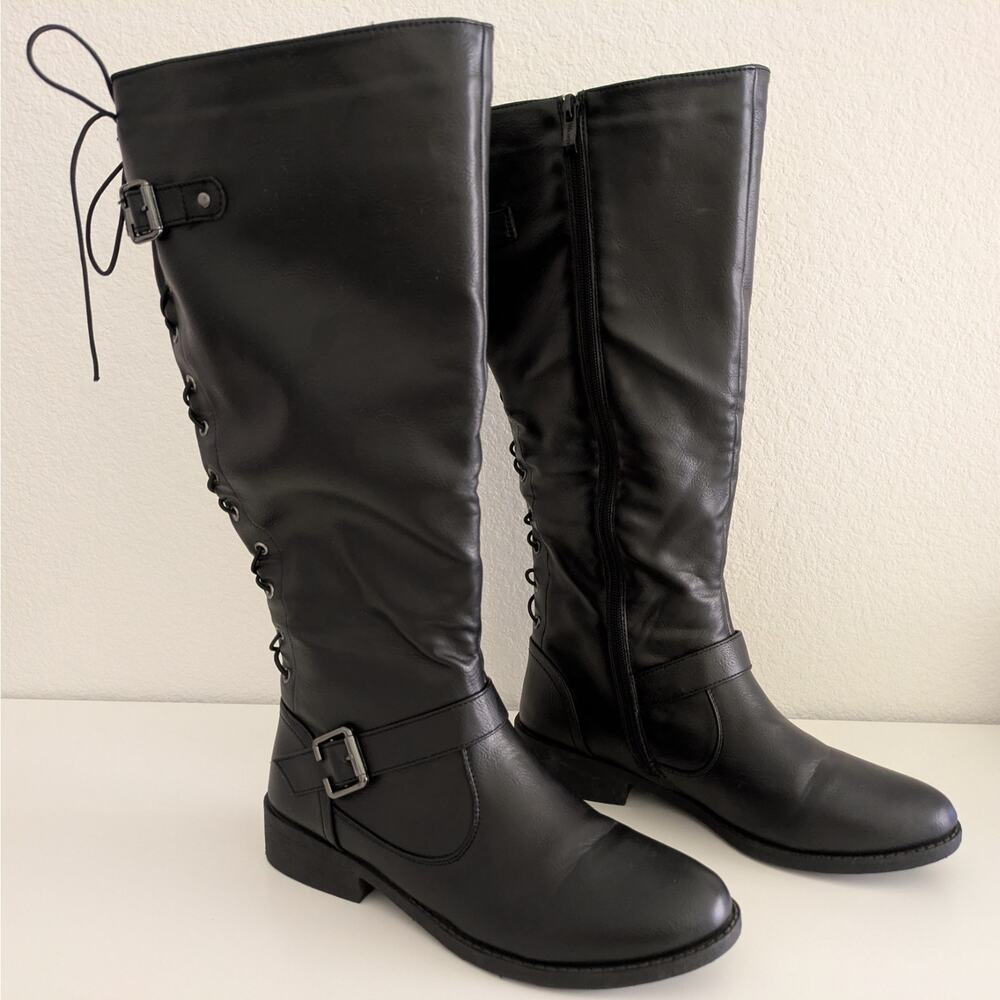 WANTED Women's LadyLuck Lace Back Low Heel Knee Boots Black Sz 8 Gothic Grunge